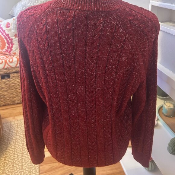 Athleta Crossroads Crewneck Cable Knit Red Metallic Holiday Sweater XS - Picture 3 of 9